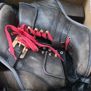 Free People Distressed Black Ankle Boots with Red Laces